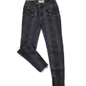 Free People Plaid Moto Jeans Green Lennon Skinny Rare Womens size 24 Zipper